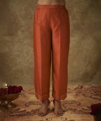 Gulyaz orange hand woven chanderi slik suit set with zardozi embrodiery 2