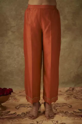 Gulyaz orange hand woven chanderi slik suit set with zardozi embrodiery