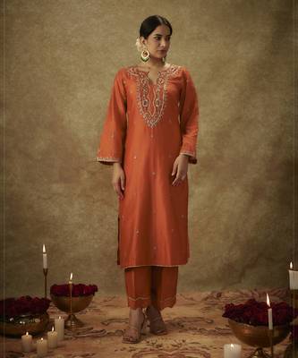 Gulyaz orange hand woven chanderi slik suit set with zardozi embrodiery 4