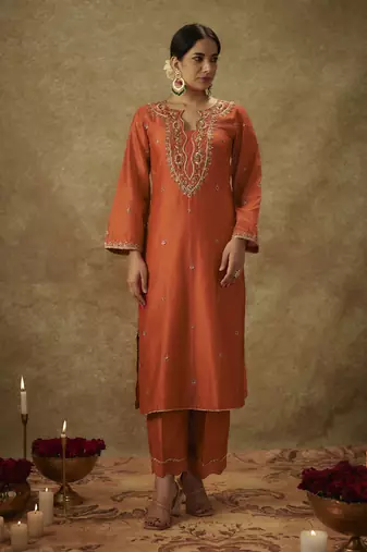 Gulyaz orange hand woven chanderi slik suit set with zardozi embrodiery