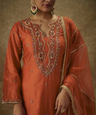 Gulyaz orange hand woven chanderi slik suit set with zardozi embrodiery 5