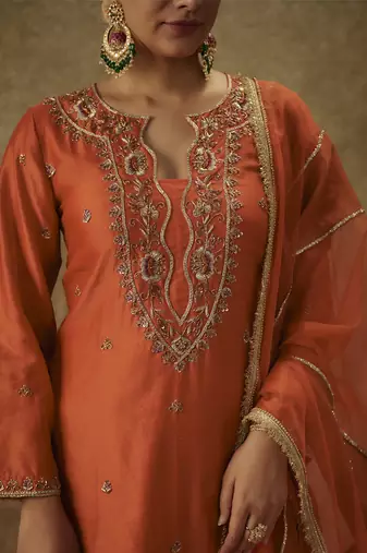 Gulyaz orange hand woven chanderi slik suit set with zardozi embrodiery