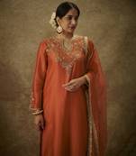 Seraya orange hand woven chanderi slik suit set with zardozi embrodiery