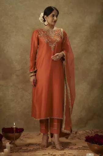 Seraya orange hand woven chanderi slik suit set with zardozi embrodiery