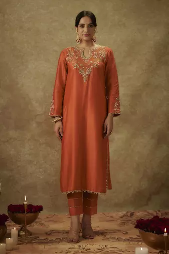 Seraya orange hand woven chanderi slik suit set with zardozi embrodiery