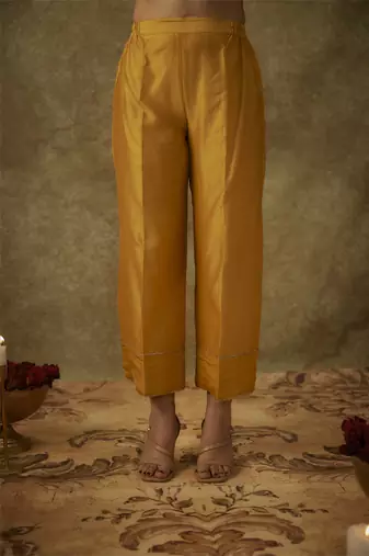 Aira yellow hand woven chanderi slik suit set with zardozi embrodiery