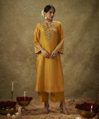 Aira yellow hand woven chanderi slik suit set with zardozi embrodiery 4