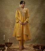 Noura yellow hand woven chanderi slik suit set with zardozi embrodiery