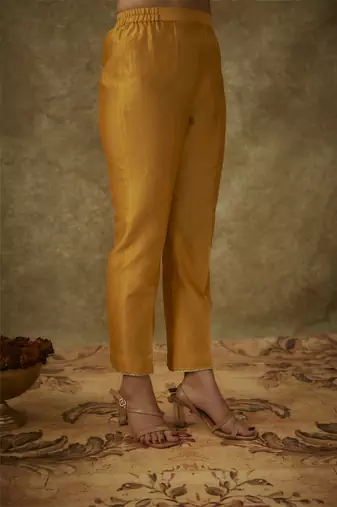 Noura yellow hand woven chanderi slik suit set with zardozi embrodiery