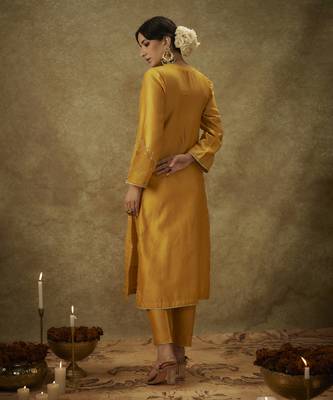 Noura yellow hand woven chanderi slik suit set with zardozi embrodiery 3
