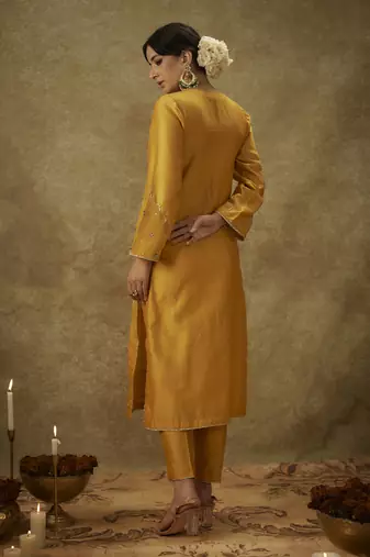 Noura yellow hand woven chanderi slik suit set with zardozi embrodiery