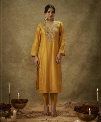 Noura yellow hand woven chanderi slik suit set with zardozi embrodiery 4