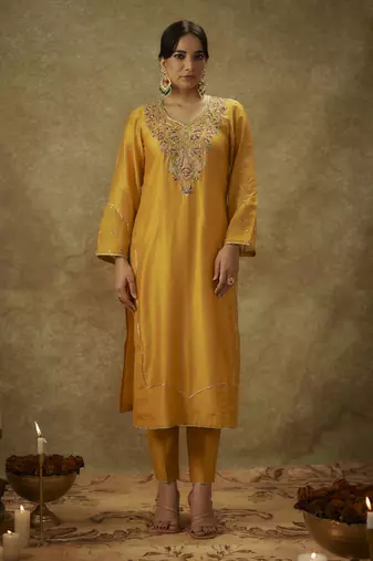 Noura yellow hand woven chanderi slik suit set with zardozi embrodiery