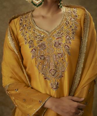 Noura yellow hand woven chanderi slik suit set with zardozi embrodiery 5