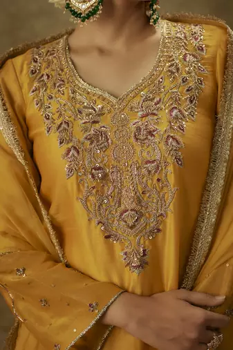 Noura yellow hand woven chanderi slik suit set with zardozi embrodiery