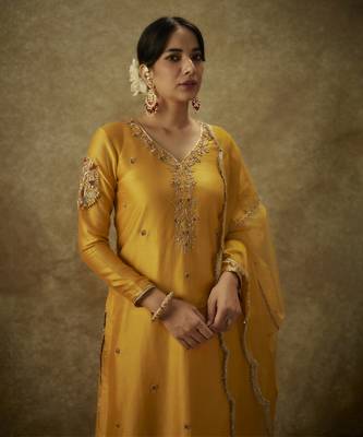 Dilara yellow hand woven chanderi slik suit set with zardozi embrodiery 4
