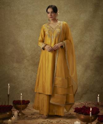 Ayah yellow hand woven chanderi slik kali suit set with zardozi embrodiery 1