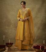 Ayah yellow hand woven chanderi slik kali suit set with zardozi embrodiery