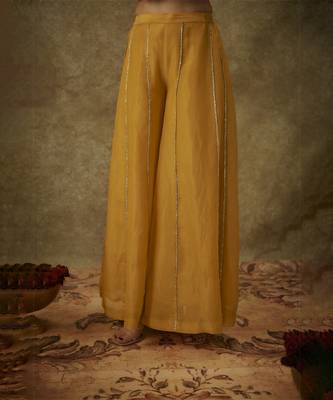 Ayah yellow hand woven chanderi slik kali suit set with zardozi embrodiery 2