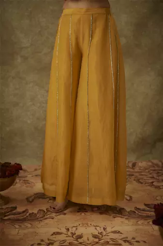 Ayah yellow hand woven chanderi slik kali suit set with zardozi embrodiery