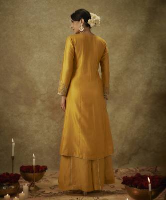 Ayah yellow hand woven chanderi slik kali suit set with zardozi embrodiery 3