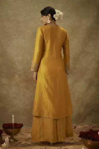 Ayah yellow hand woven chanderi slik kali suit set with zardozi embrodiery