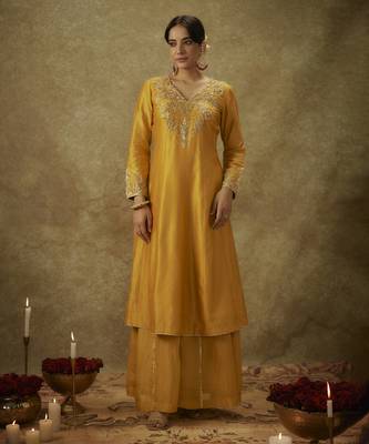 Ayah yellow hand woven chanderi slik kali suit set with zardozi embrodiery 4