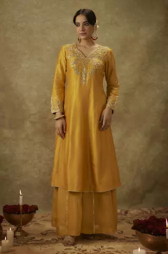 Ayah yellow hand woven chanderi slik kali suit set with zardozi embrodiery