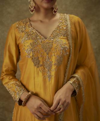 Ayah yellow hand woven chanderi slik kali suit set with zardozi embrodiery 5