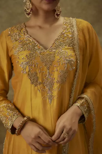 Ayah yellow hand woven chanderi slik kali suit set with zardozi embrodiery