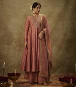 Ara blush pink hand woven chanderi slik suit set with zardozi embrodiery.
