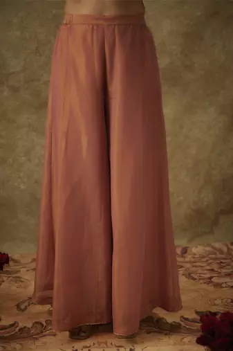 Ara blush pink hand woven chanderi slik suit set with zardozi embrodiery.