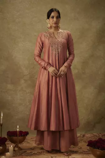 Ara blush pink hand woven chanderi slik suit set with zardozi embrodiery.