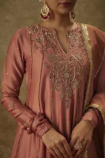 Ara blush pink hand woven chanderi slik suit set with zardozi embrodiery.