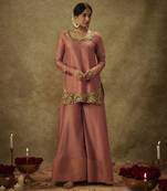 Erva blush pink hand woven chanderi slik sharara set with zardozi embrodiery.