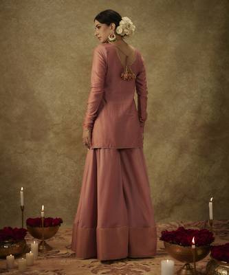 Erva blush pink hand woven chanderi slik sharara set with zardozi embrodiery. 2