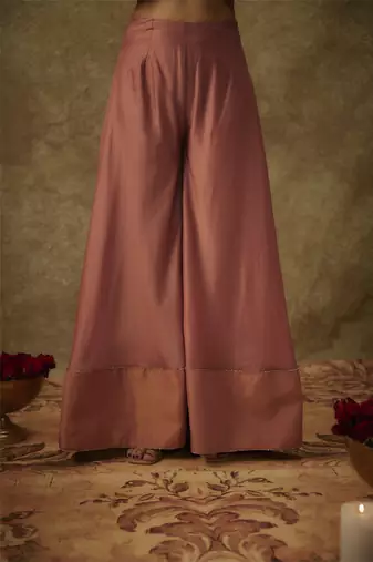 Erva blush pink hand woven chanderi slik sharara set with zardozi embrodiery.