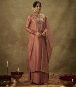Naira blush pink hand woven chanderi slik suit set with zardozi embrodiery.