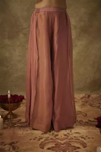 Naira blush pink hand woven chanderi slik suit set with zardozi embrodiery.