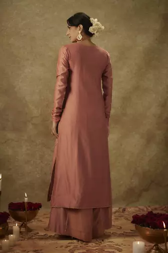 Naira blush pink hand woven chanderi slik suit set with zardozi embrodiery.