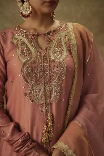 Naira blush pink hand woven chanderi slik suit set with zardozi embrodiery.
