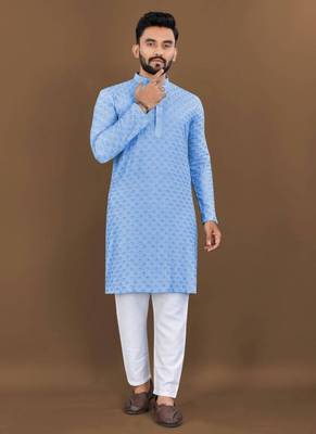 Sky blue rayon embroidery sequin work kurta payjama 1