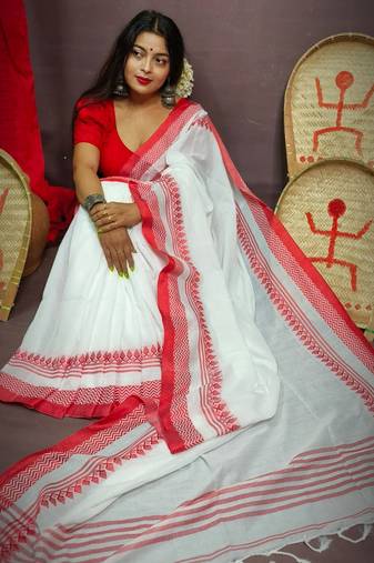 Pure Cotton White And Red Saree With Blouse Piece