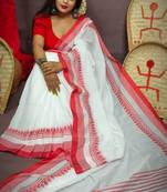 Pure Cotton White And Red Saree With Blouse Piece