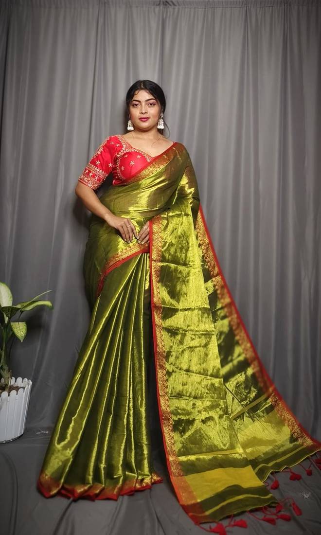 Olive Soft Tissue Saree With Blouse Piece