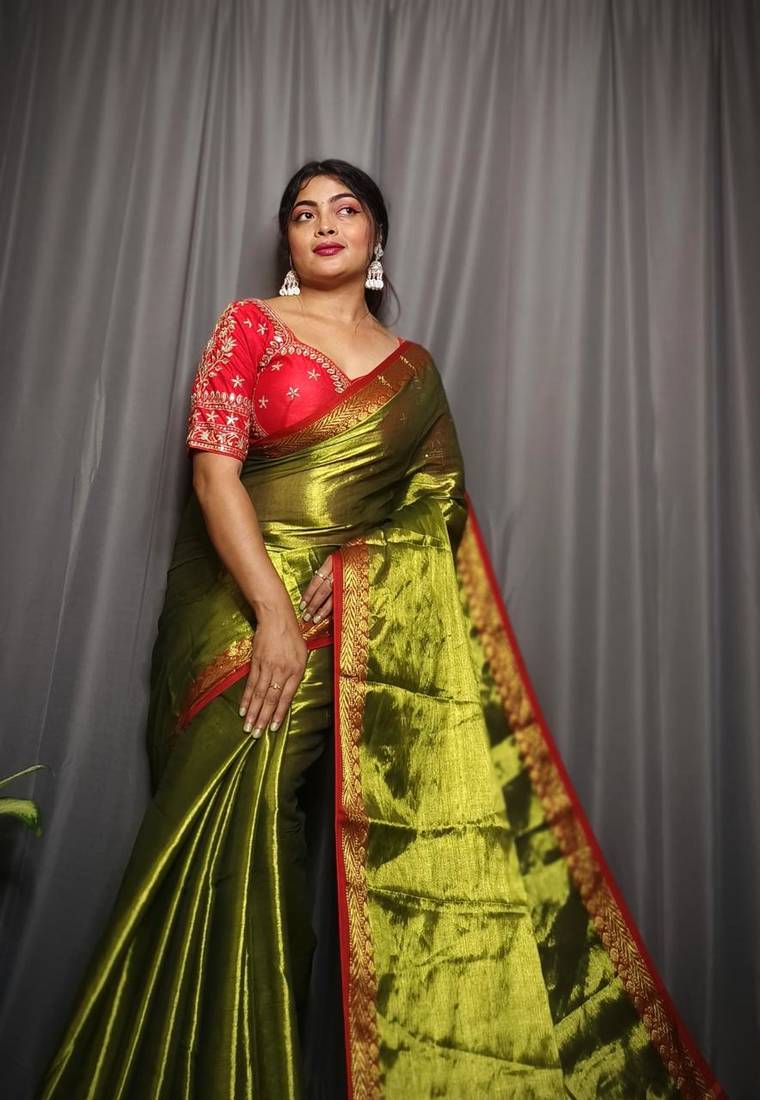 Olive Soft Tissue Saree With Blouse Piece