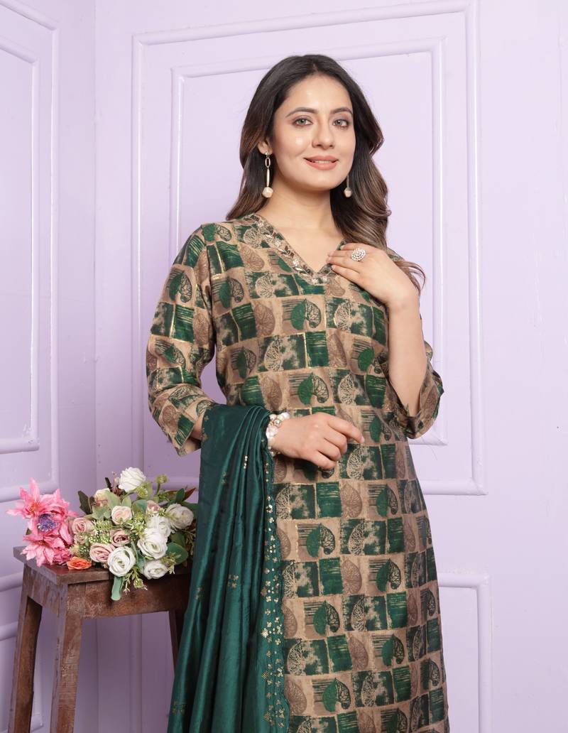 Rama Green Modal Silk Fabric With Hand Work Design Straight Kurta Pant And Dupatta Set