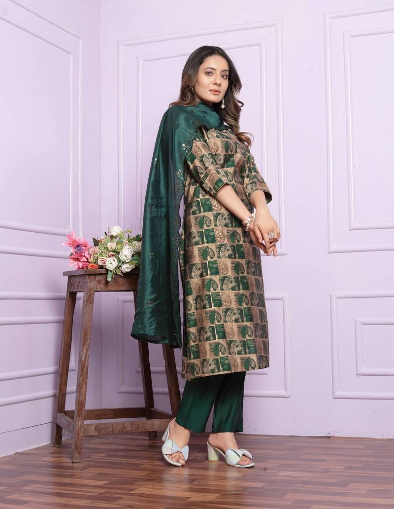Rama Green Modal Silk Fabric With Hand Work Design Straight Kurta Pant And Dupatta Set