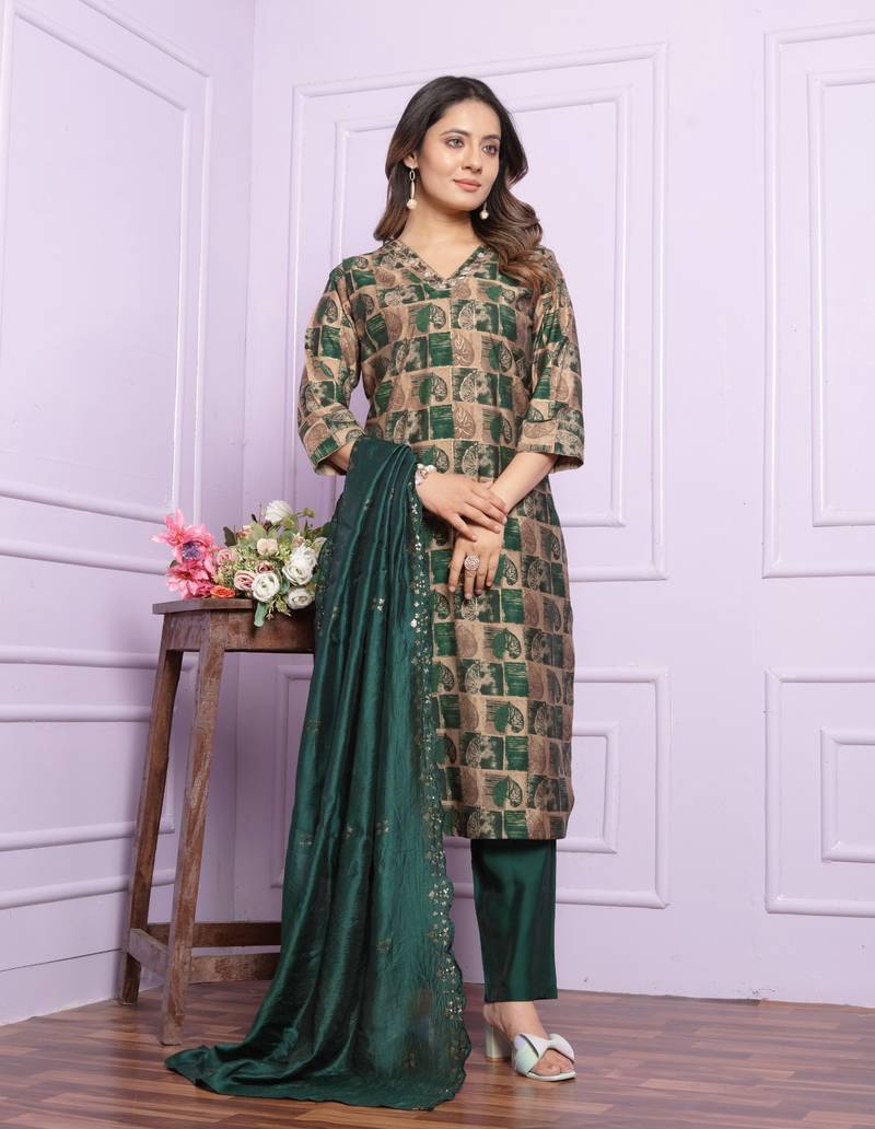 Rama Green Modal Silk Fabric With Hand Work Design Straight Kurta Pant And Dupatta Set