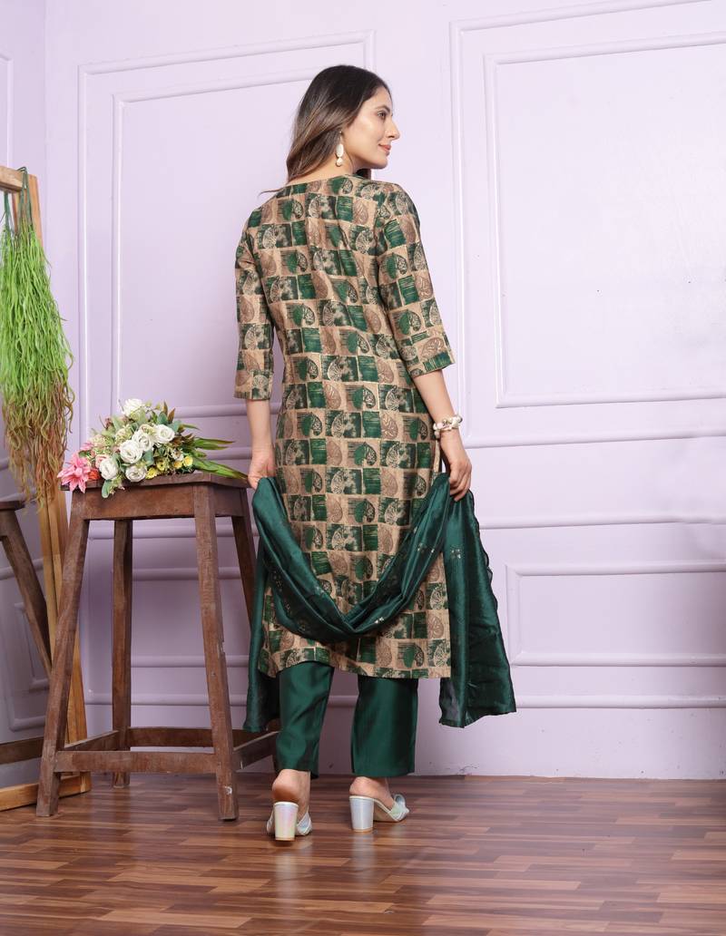 Rama Green Modal Silk Fabric With Hand Work Design Straight Kurta Pant And Dupatta Set
